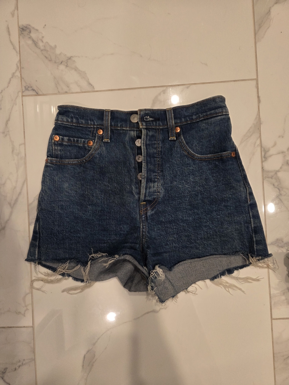 Levi's Ribcage Dark Blue Button-Front Distressed Denim Shorts